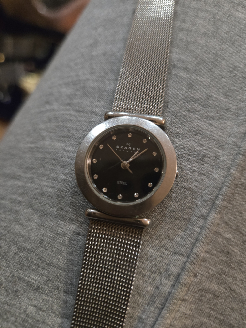 Skagen Silver Mesh Bracelet Watch with Black Dial and Crystal Markers